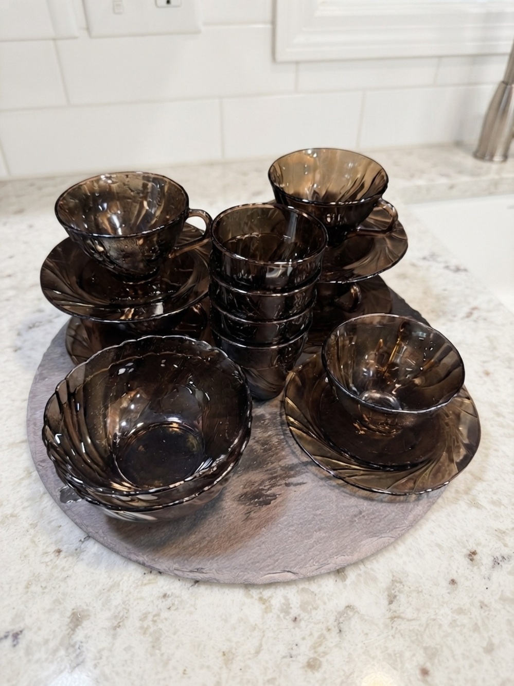 Vintage Duralex Smoked Glass Cups Saucers Tumblers Bowls Set 16 PC